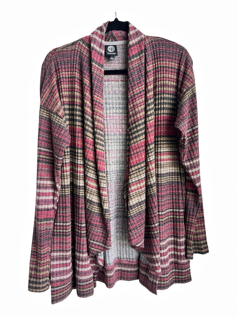 Bobeau Striped Draped Open Front Sweater large